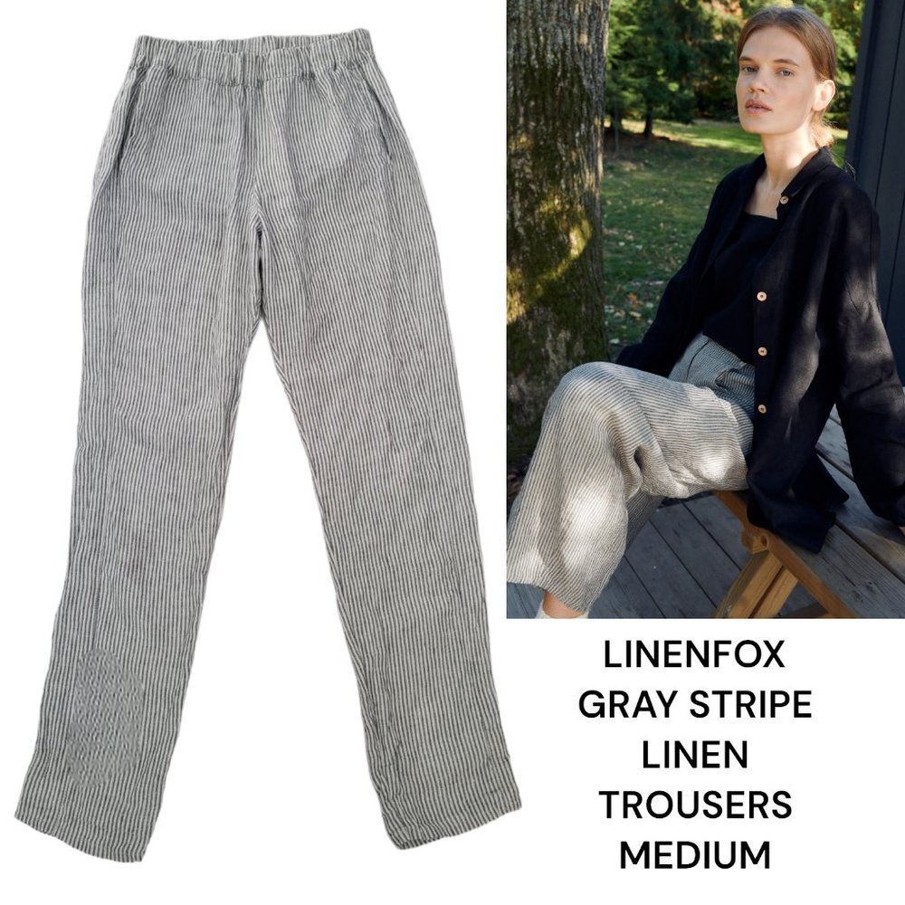 LINENFOX GRAY STRIPED FITTED TROUSERS SIZE MEDIUM